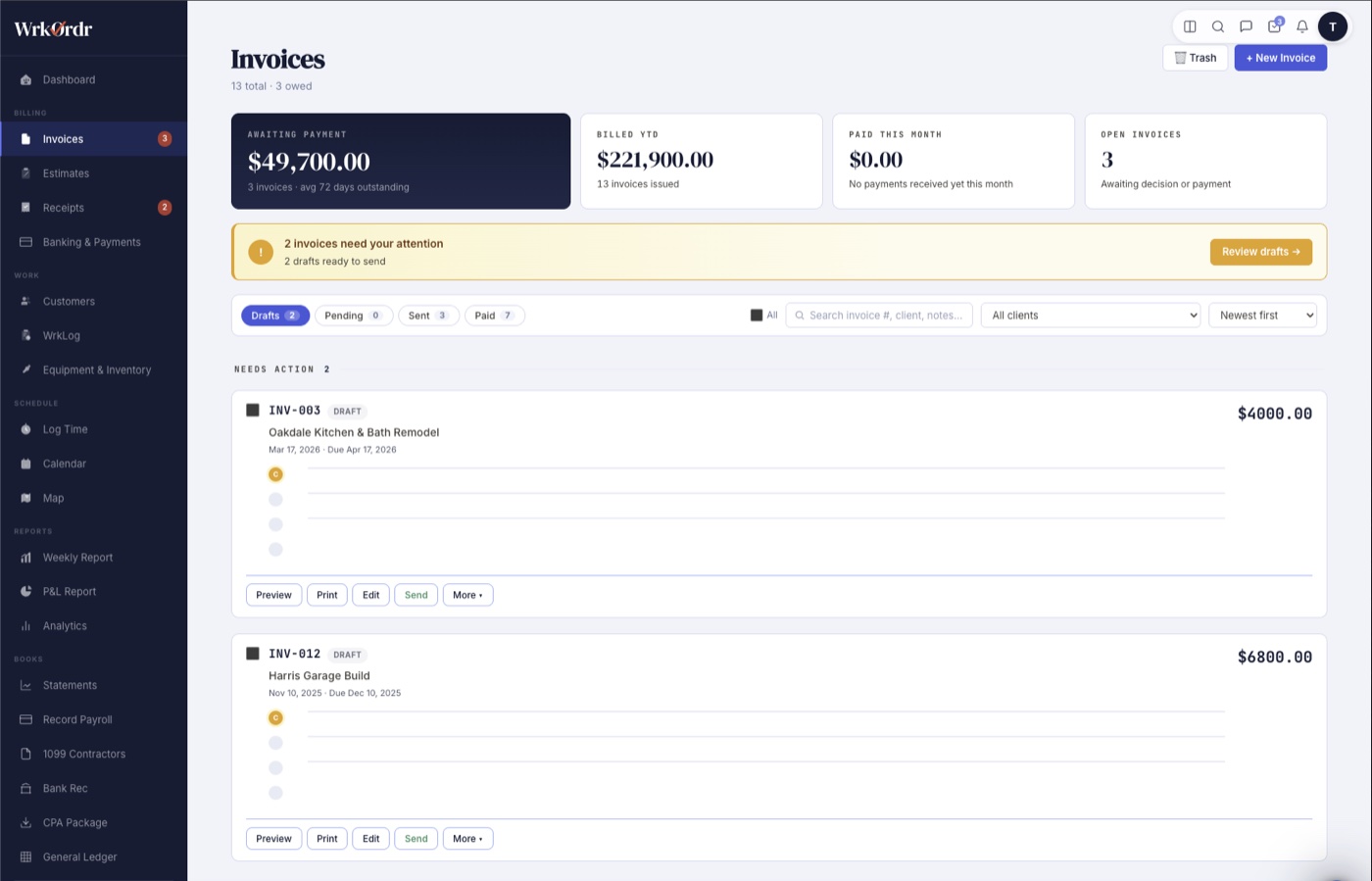WrkOrdr Invoices page — drafts, pending, sent, paid with totals dashboard